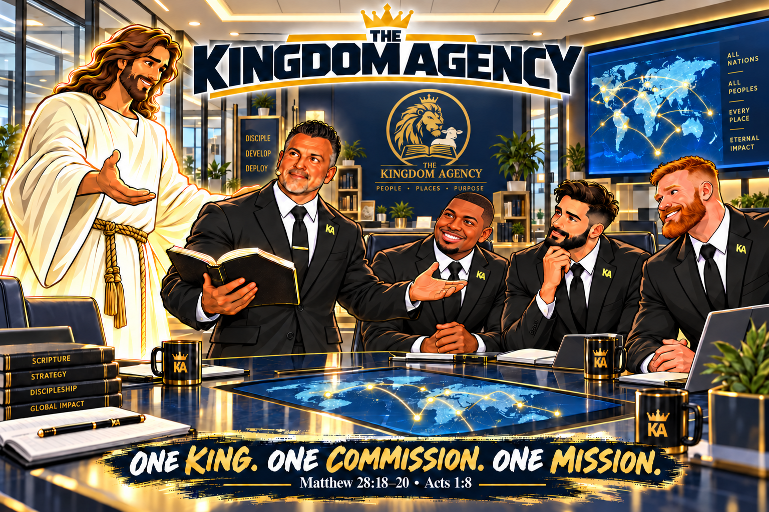 Jesus commissions Pastor CB in the Kingdom Agency briefing room as Agents Emmanuel, Michael, and Ted receive the mission together.