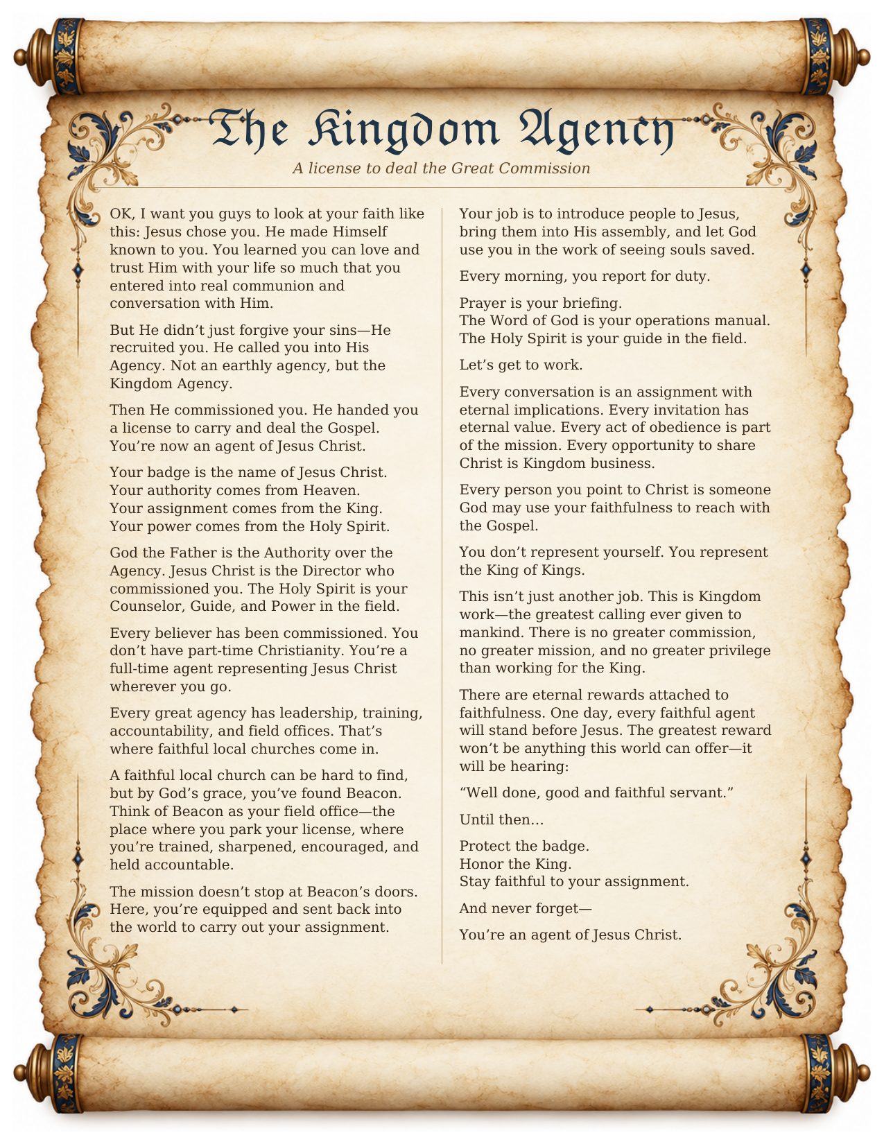 The Kingdom Agency parchment scroll, A license to deal the Great Commission, with the full ministry message in two columns