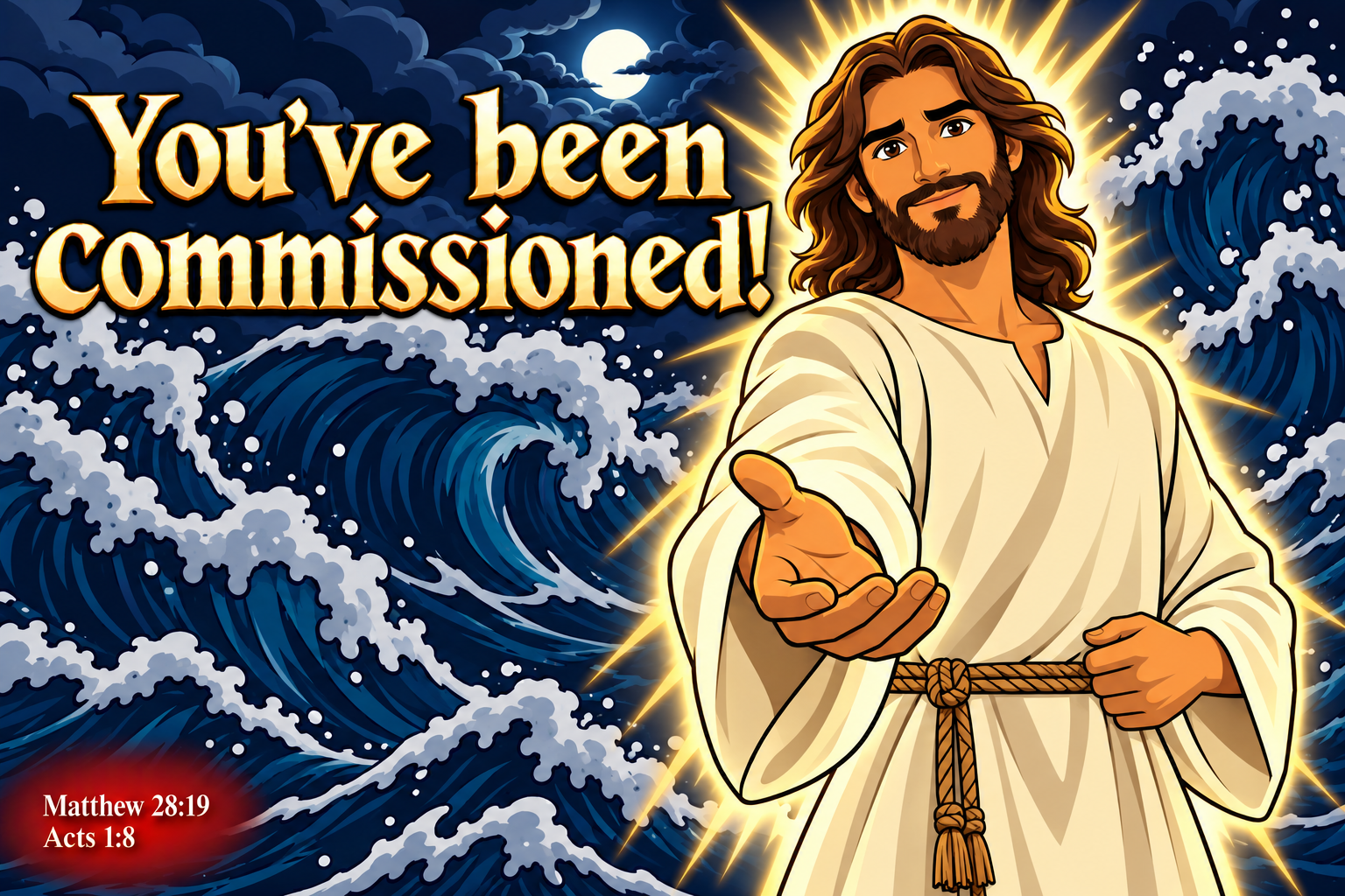 Bold cartoon Jesus in a cream tunic and rope belt, reaching forward with a bright glow against towering dark ocean waves. You’ve been commissioned! Matthew 28:19 and Acts 1:8.