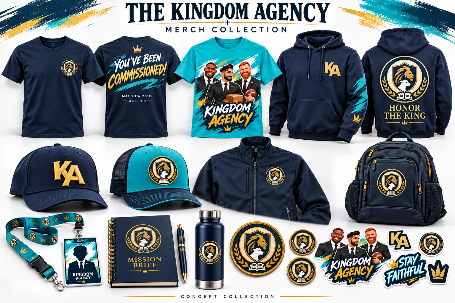 Kingdom Agency concept merchandise collection: navy and teal shirts, hoodies, caps, jacket, backpack, notebook, bottle, lanyard, patches, and character stickers with the lion-and-lamb Bible crest